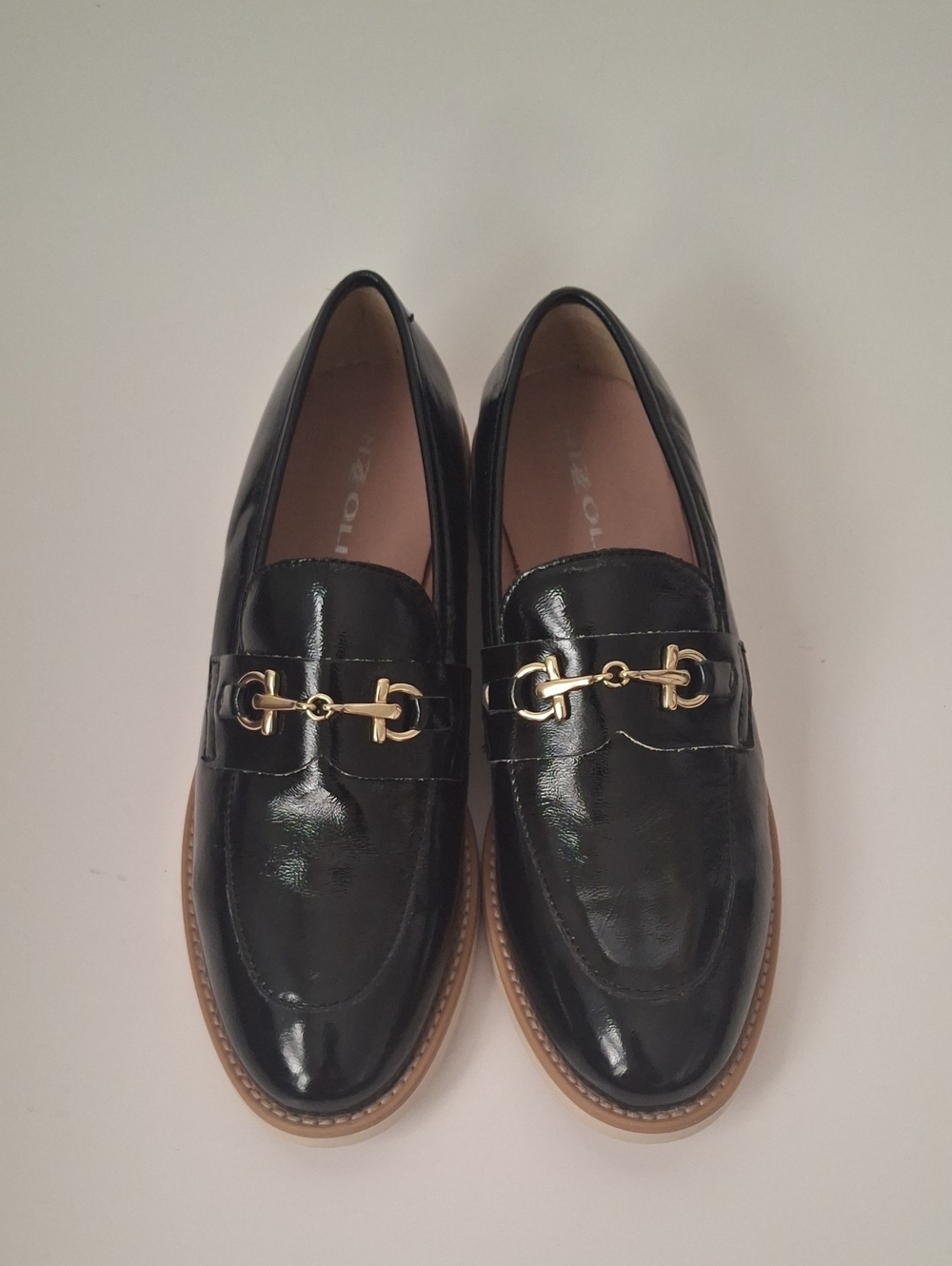 Rizzoli Black Patent Moccasin Loafers with Gold Bit